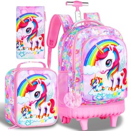 GXTVO Rolling Backpack for Girls, 3PCS Wheeled School Bag with Lunch Bag for Kids, water resistance Roller Wheels Bookbag - Unicorn Pink