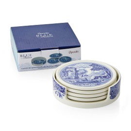 Spode Blue Italian Ceramic Coasters with Holder - Set of 4 Drink Coasters for Table Protection, Porcelain Drinkware Essentials Featuring Scenic Italian Countryside Design, 3.75 Inch