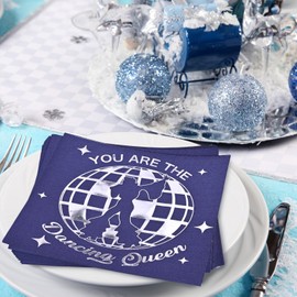 Fenyor7i Mamma Mia Party Decorations - 52 Pack Silver Foil Dancing Queen Cocktail Napkins - Disco, Bachelorette, Birthday Party Napkins - Night Blue Silver, 5"x 5" Folded