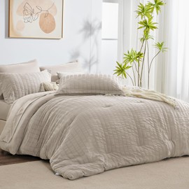 CozyLux Queen Seersucker Comforter Set with Sheets Beige Bed in a Bag 7-Pieces All Season Bedding Sets with Comforter, Pillow Sham, Flat Sheet, Fitted Sheet, Pillowcase