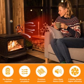 Hanaoyo Wood Stove Fan, 6 Blades Wood Stove Fan Heat Powered, Fireplace Fan with Magnetic Thermometer, Wood Stove Accessories, Non Electric Fan for Wood/Log Burner Stove