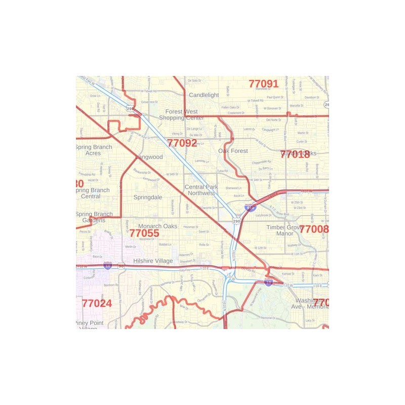 Houston, Texas Zip Codes - 48" x 36" Paper Wall