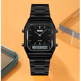 Gosasa Women Men Square Multifunction Stopwatch Dual Display Wristwatches Stainless Steel Strap Analog Sports Watches (Black)