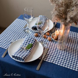 Linen & Cotton Table Runner Fabric Table Decoration Table Linen Estella - 100% Linen, White / Blue (40 x 100 cm) Checked Small Runner Table Coffee Table for Kitchen Home Country House Hut Spring