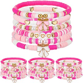 Landical 24 Pcs Coquette Party Bracelet Bulk for Girls Friendship Bracelets Pink Coquette Bow Party Favors Stretch Beaded Heishi Bracelets for Retro Themed Supplies