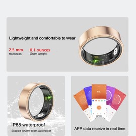 Jojovenusmall Smart Ring Health Tracker,Anillo Inteligente para Hombre,Health Rings for Women & Men,Long Lasting Batteries Sleep Ring (Gold, 10#)