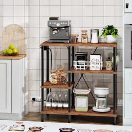 HOOBRO Bakers Rack with Power Outlet, Microwave Stand with 5 S-Shaped Hooks, Coffee Bar, Kitchen Storage Shelf, for Kitchen, Living Room, Rustic Brown and Black BF07UHB01