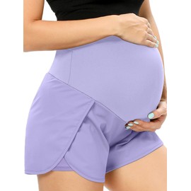 POSHGLAM - Pantalones cortos de maternidad para mujer sobre el vientre para correr, casual, verano, embarazo, pantalones cortos, Lila, Small
