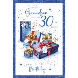 Cherry Orchard Luxury Grandson 30th Birthday Card with Stylish presents & balloons design,Blue Foil Border,complete with Envelope