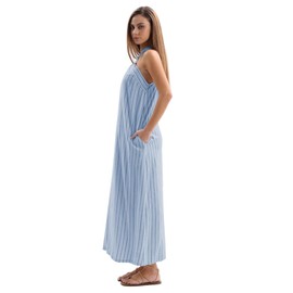 Amazhiyu Women's Linen Striped Halter Sleeveless Maxi Dresses Summer with Pockets Blue, Small