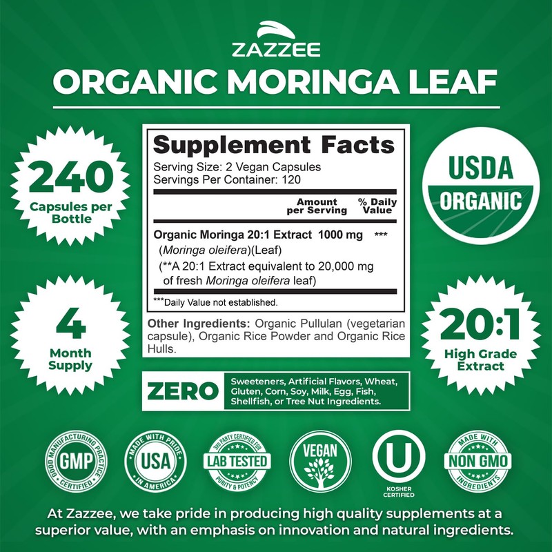 Zazzee USDA Organic Moringa Leaf 20:1 Extract, 240 Vegan Capsules