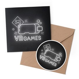 1 x Greeting Card & 10 cm Round Sticker Set - BW - Virtual Reality VR Games Gaming - Birthday Thank You Friend Lover Fan Mum Dad Kids #42210