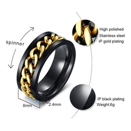 MMTTAO Men's Spinner Fidget Chain Ring Rotation Anxiety Relief Wedding Band for Men Women 8MM Gold Black Plated Intertwine Ring Motorcycle Biker Bicycle Punk Rock Engagement Bands, Gold Black, Size 8