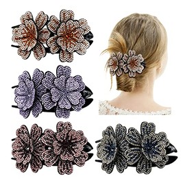 inSowni Paquete de 4 pinzas de lujo con cristales brillantes brillantes de diamantes de imitación de doble flor para el pelo, horquillas para el cabello grueso y largo