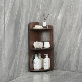 lokubond Corner Shelf, 3-Tier Storage Organizer, Bathroom Corner Organizer Perfect for Small Space, Waterproof Toilet Paper Stand (Walnut Wood)