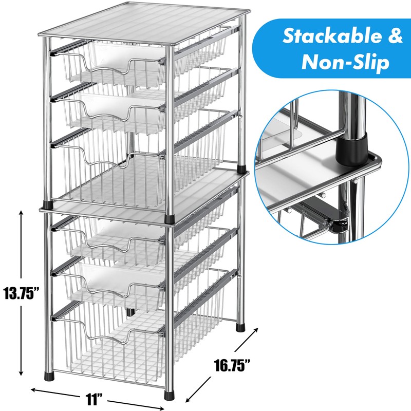 Simple Houseware Stackable 3 Tier Sliding Basket Organizer Drawer, Chrome