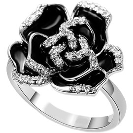 Black Enamel Rose Flower Cubic Zirconia Statement Rings for Women Girls Dainty Crystal Camellia Flowers Finger Ring (Black, 6)