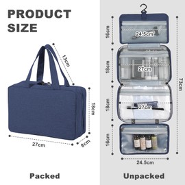 Hanging Travel Wash Bag, Foldable Wash Bag, Large Storage Space, Waterproof Makeup Cosmetic Organiser with Hooks & Multiple Compartments, Toiletry Bag for Men and Women with Travel Accessories, navy