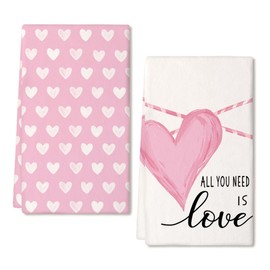 ARKENY Valentines Day Kitchen Towels Set of 2,Pink Heart Love Dish Towels 18x26 Inch Drying Dishcloth,Farmhouse Home Decoration AD218