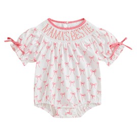 Ursobutegl Newborn Baby Girl Romper Mamas Mini Bow Plaid Print Puff Sleeve Smocked Bubble Romper Jumpsuit Bodysuit Clothes (Snow White, 3-6 Months)