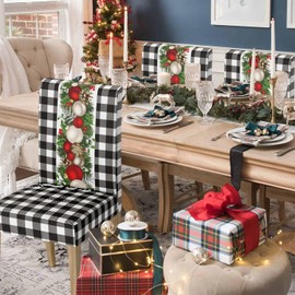 Horaldaily 4PCS Christmas Dining Chair Covers,Buffalo Plaid Christmas Balls Stretch Removable Washable Slipcover Chair Protector for Dining Room Home Decor