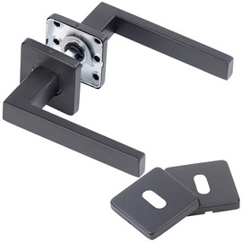 AGT Long Plate Door Fitting: Set of 2 Stainless Steel Door Fittings with 2 Latches and Rosettes, Square, Black (Modern Door Handles, Door Set, Door Lock)