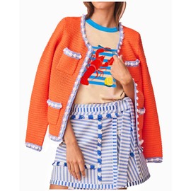 Cropped Cardigan for Women Open Front Jackie O Sweater Jacket Button Down Fall Chunky Knit Coats Orange