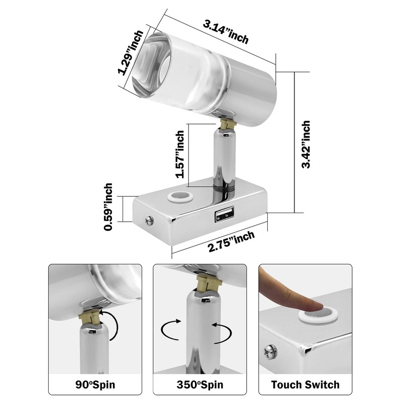 THALASSA RV Reading Light with USB Port 12V Camper Interior
