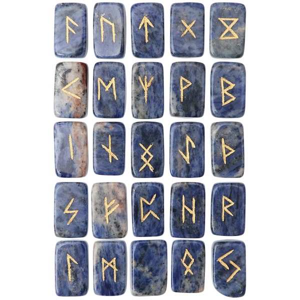 Crocon Sodalite Rectangle Shape Gemstone Runes with Elder Futhark Alphabet Engraved 25 pcs Rune Set Crystal Healing Chakra Reiki Runes Set with a Pouch Size : 25 mm