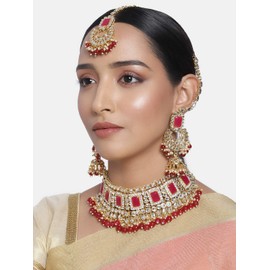 Aheli Traditional Faux Kudan Choker Necklace Earrings Maang Tikka Set Bollywood Wedding Indian Bridal Fashion Jewelry for Women