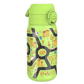Ion8 Lightweight Steel Kids Water Bottle, 400ml/13oz, Non-Insulated, Leak Proof, Easy to Open, Secure Lock, Dishwasher Safe, Fits Cup Holders, Carry Handle, Metal Water Bottle, Grey, Cars