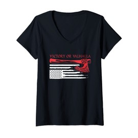 Womens Victory Or Valhalla US Flag Axe Viking Norseman Norse Celtic V-Neck T-Shirt