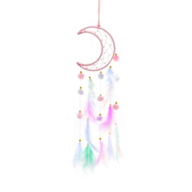 AfitLulu Dream Catcher Moon and Star Wall Hanging Room Decor Dreamcatcher, Handmade Colorful Feathers Dream Catchers Bedroom Accessories with Beads and Plush Balls for Home Decor (Pink)