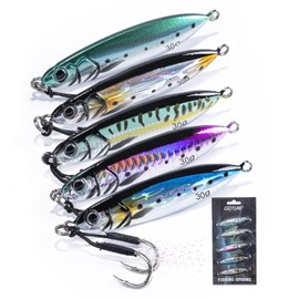 Goture Fishing Jigs, 30g Vertical Jig Freshwater Saltwater, Jig Fishing Lures with Assist Hook, 5Pcs Fishing Jigging Spoon Lures for Tuna, Salmon, Bass, Trout