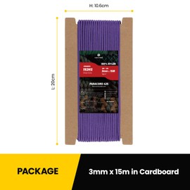 Kamu Synber 425 Paracord 3mm x 15m 100% Nylon Rope 3 Strands Parachute Cord Type II for Outdoor, Crafting, DIY | Support 192kg | Purple