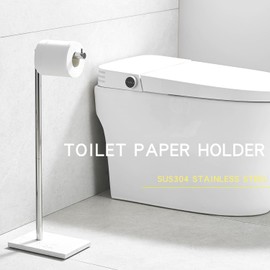 JOMANDAN 304 Stainless Steel Freestanding Toilet Paper Holder with Marble Base - Multi-Roll Capacity, No-Drill Installation, Bathroom Organizer for Compact Spaces (Polished Chrome/White Marble)