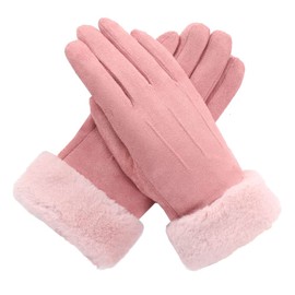 ILUFAM Women Fleece Lined Gloves With Faux Fur Cuff Winter Warm Touch Screen Mittens Faux Suede Windproof Thermal Gloves (Black)