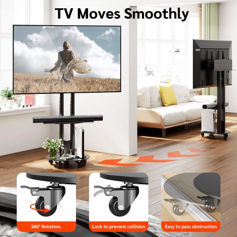 CABTE Rolling TV Stand,Heavy Duty Mobile TV Stand with Storage