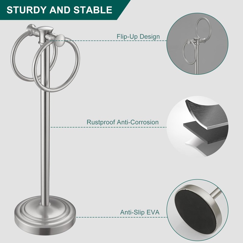 Hoimpro 17" Brushed Nickel Standing Towel Rack Bracket, Double Towel