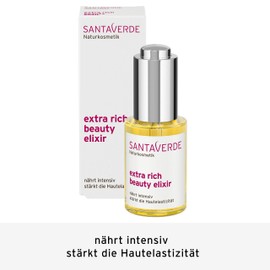 Santaverde / Extra rich beauty elixir / Facial oil / Intensively nourishing and regenerating / Supports collagen production / Strengthens skin elasticity / for dry and stressed skin / Pure aloe vera juice / Own controlled organic cultivation / Face and c