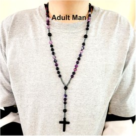 BJ BshuxiuJ Handcrafted Rosary Necklace Featuring Purple Agate Stone with Black Agate and Hematite Beads – Stylish Beaded Cross Necklace for Men - Elegant Rosary Beads for Men (Purple Agate)