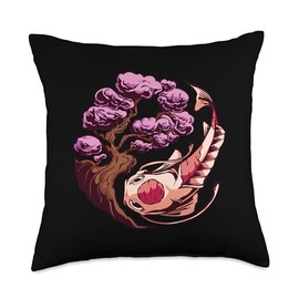 Yinyang Koi Fish and Sakura Tree Design Throw Pillow