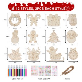 Maxmoc Wooden Christmas Tree Decorations Wood for Painting, Pack of 24 Christmas Pendants Wood with 12 Watercolour Pencils, 4 Glitter Stones and Jute Rope for DIY Crafts, Christmas Tree Pendant