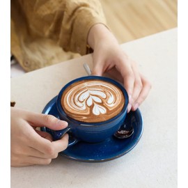LE TAUCI 8 oz Cappuccino Cups with Saucers, Ceramic Large Coffee Cup for Au Lait, Double shot, Latte, Cafe Mocha, Tea - Set of 4, Ceylon Blue