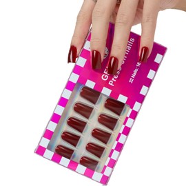 ASONRL 32 PCS Maroon Duck Nails Press on- Short Burgundy Fake Nails Quality Solid Glossy Gel Nail, 16 Sizes Glue On Nails Kit, Reusable False Nails with Mini Nail File for Women- Short Burgundy Duck