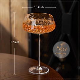 RACOBOT Coupe Glasses Set Of 6, 8oz Hand Blown Coupe Cocktail Glasses, Clear Glass Martini Glasses Set Of 6, Reusable Margarita Glasses Set Of 6 - Handmade Diamond-Pattern Design