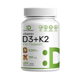 DEAL SUPPLEMENT Vitamin D3 5,000 IU + K2 MK7 Softgels, 250 Count | 2-in-1 Complex | Easy to Swallow