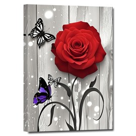 ZHIYYHAO Black and White Red Rose with Butterflies Canvas Painting Framed Modern Artwork for Bedroom Bathroom Livingroom Office Spa Yoga Room （Rose-7，18.00L X12.00W''）