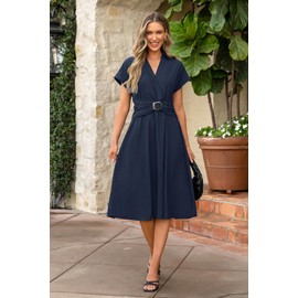 Newshows Work Drsses for Women 2025 Navy Blue Business Casual Teacher Outfits Button Down Shirt Summer Funeral Pocket Fall Modest Dresses Elegant Classy Office Attire(Navy,M)