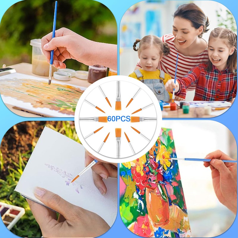 60Pcs Professional Paint Brush Set - Flat and Round Fine-Tip